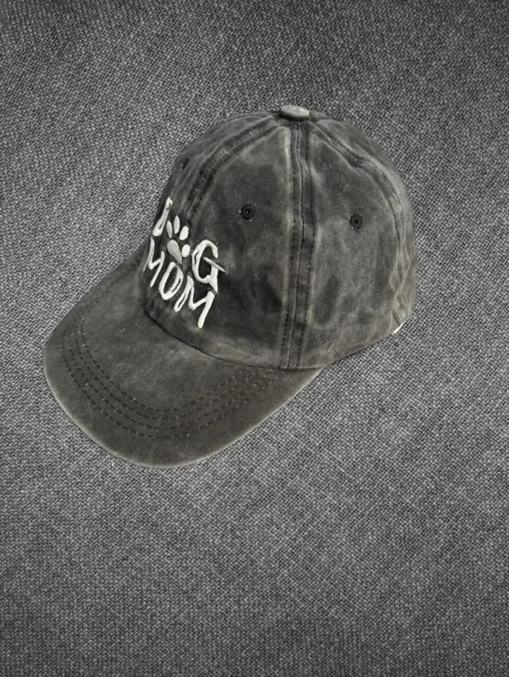 Dog Mom Distressed Black Cotton Baseball Cap
